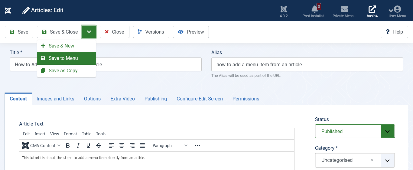 Joomla 4 Tutorial - How to Add a Menu Item From an Article