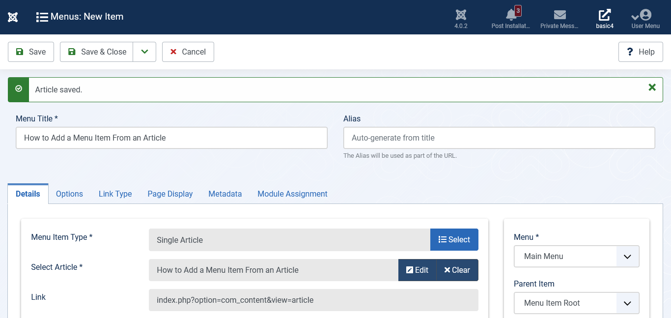 Joomla 4 Tutorial - How to Add a Menu Item From an Article