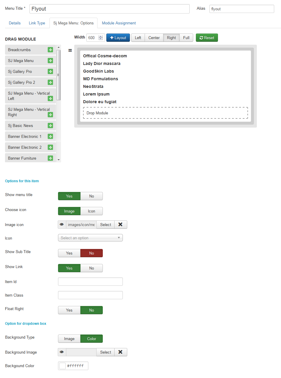 configure mega menu module