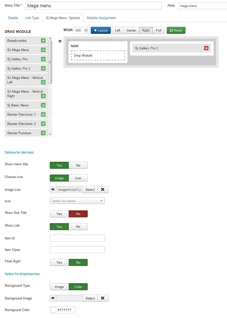 configure mega menu module