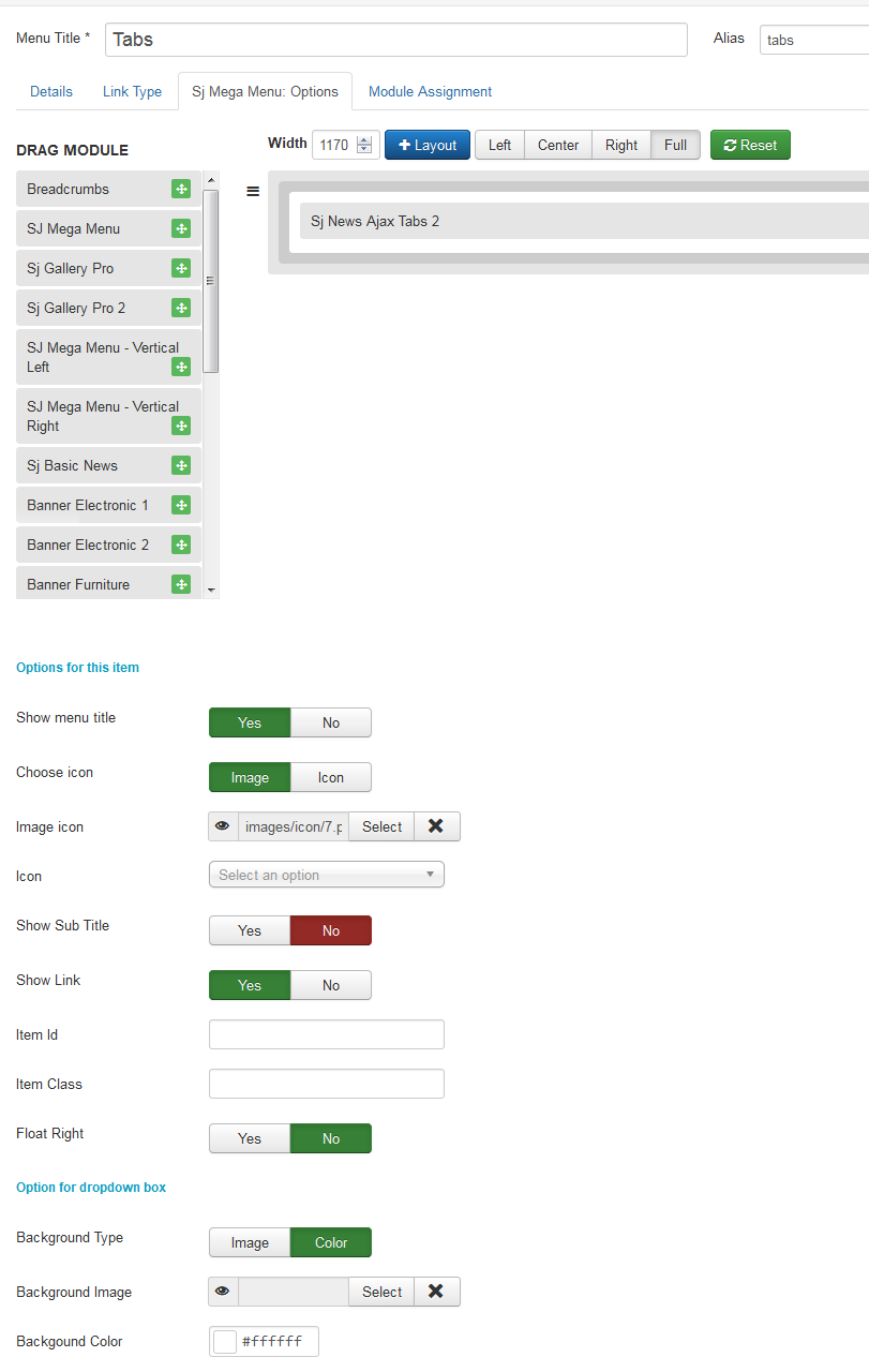 configure mega menu module