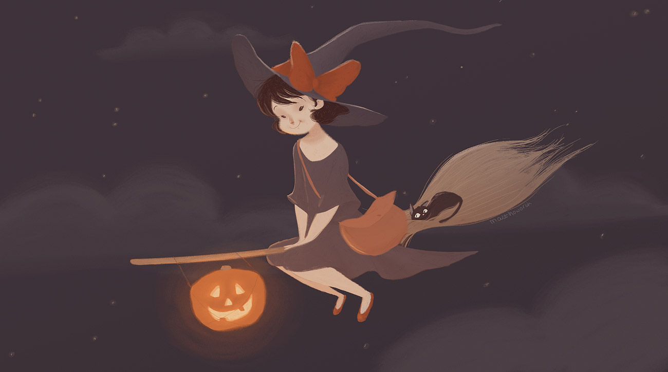 Cute Halloween Background Witch on Broom